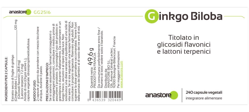 GINKGO BILOBA * OFERTA 3+1 GRATIS * 60 mg / 960 Cápsulas * Titulado al 24% min. de glucósidos de flavonol y al 6% min. de lactonas terpénicas * Cerebro, Equilibrio emocional