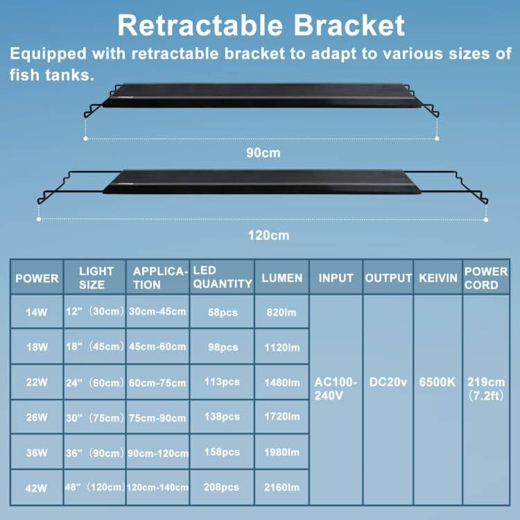 24/7 LED Aquarium Light, IP68 Waterproof Extendable Bracket Fish Tank Light with Timer, 7 Colors, 10 Level Adjustable Brightness, DIY Mode Full Spectrum Aquarium Plant Light for 36-42 Inch Fish Tank - image 8