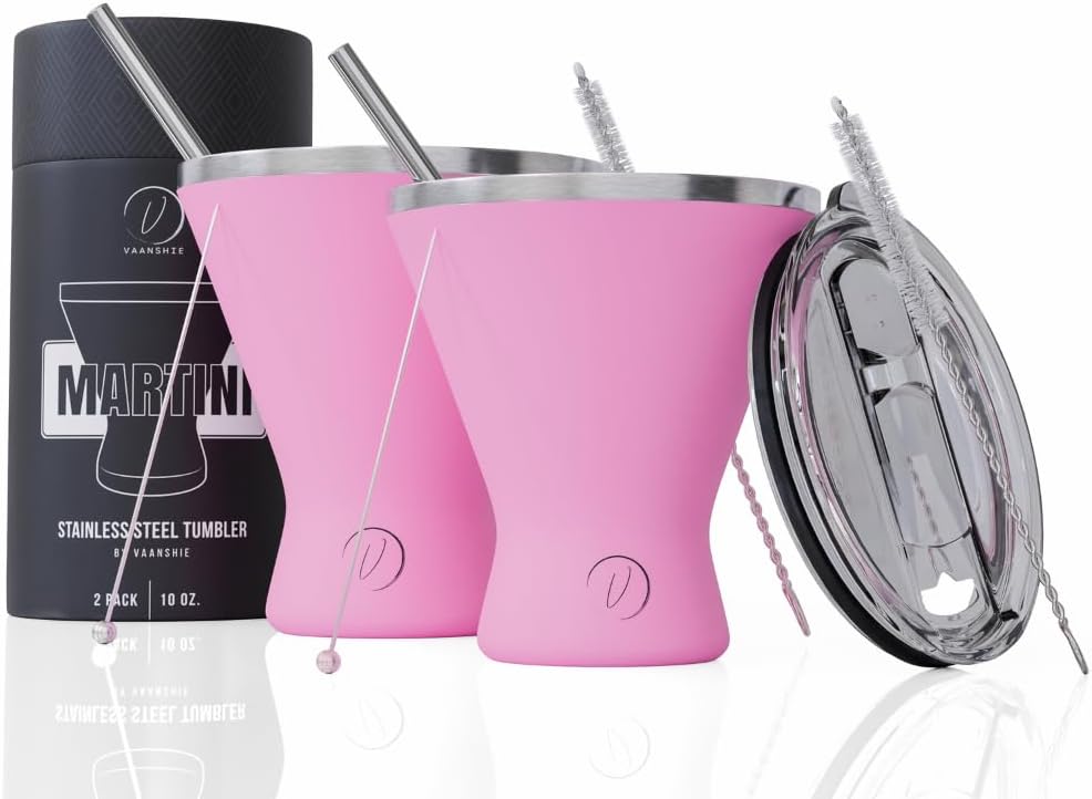 Stainless Steel Martini Glass [Pack of 2] – 10oz, Pink, Powder Coated, No Sweat, Double Wall Margarita Cup with Lid | Ideal for Mother’s Day Gift