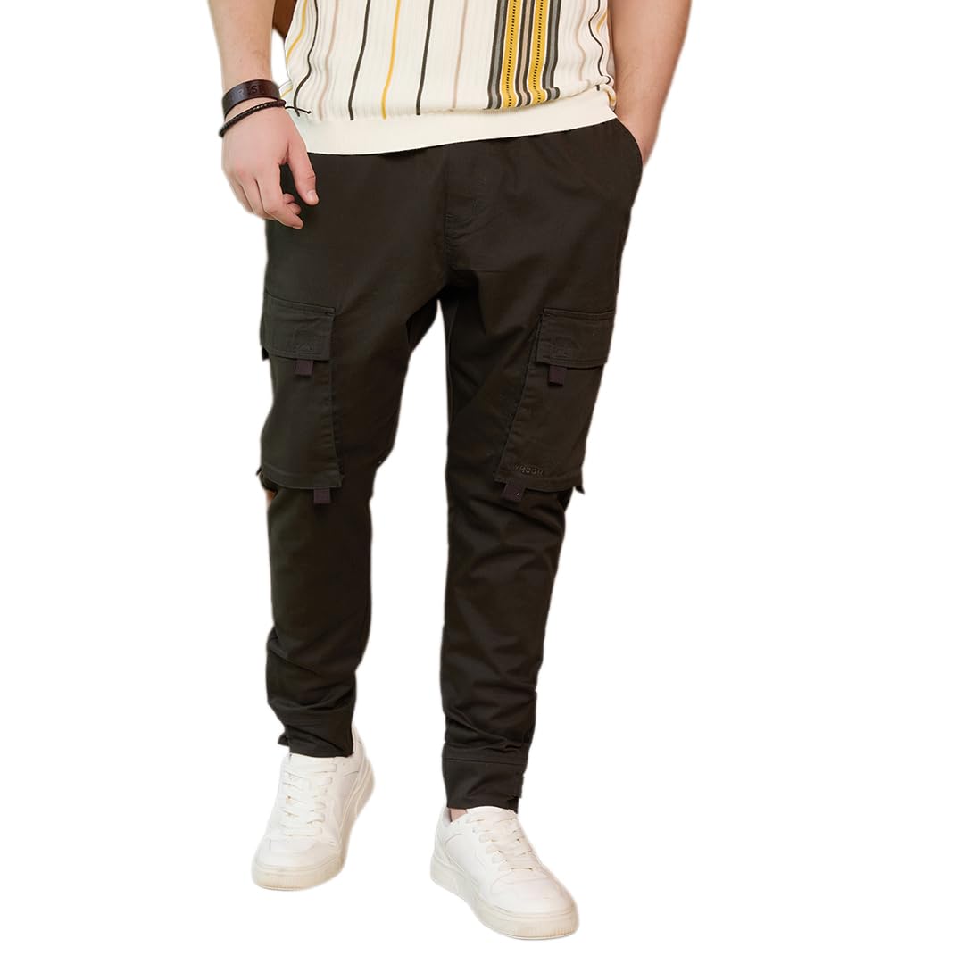 WROGN Men's Cotton Blend Cargo Joggers | Elasticated Waist Band | Loose Fit in neutral
