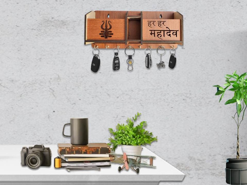 Image of Premium Har Har Mahadev Multipurpose Wooden Key Holder, Key Hanging For Wall Home, Living Room, Office Decor Key Holder Trishul Design Key Holder With Stainless Steel 8 Hooks Gift Item