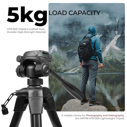 Image of HIFFIN HTR-500 1700mm Lightweight Tripod with Mobile Holder & Carry Bag | 5kg Load Capacity | 3-Section Adjustable Stand for DSLR, Camera & Smartphone | Portable & Stable Tripod Stand