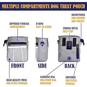 Dog treat pouch with built in poop bag dispenser and poop bagsdog training kit with dog leashdog clickerdog whistlecollapsible dog bowlideal for dog walking dog training grey   cucciolini doodles