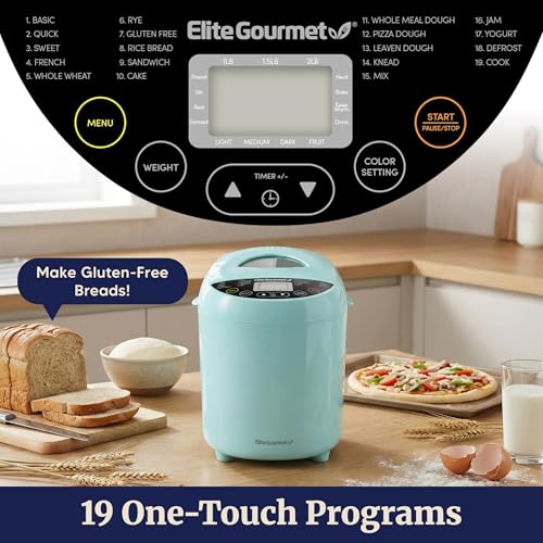 image for Elite Gourmet Programmable Bread Maker, 2 lb Loaf, 3 Sizes, 19 Presets
