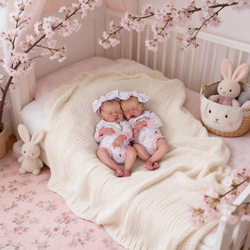 Realistische Reborn Babypuppen Zwillinge Mädchen 18 Zoll Real Life Babypuppe Silikon Vollkörper Vinyl, Schlafende Babys Puppe, Lebensecht Neugeborene Baby Zwillinge Puppen – Bild 3