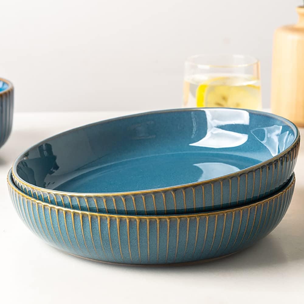 2 Pcs Pasta Bowls, 1000ml Large Pasta Plates, 21cm Deep Porcelain Plates Set, Blue Round Premium Bowls Plates Set for Pasta, Salad, Soup, Fruit
