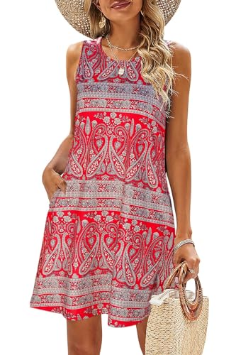 BDTECAOR Sommerkleid für Damen über dem Knie Übergröße Blumen Tshirt Kleider mit Taschen 03 Rot Bedruckt M