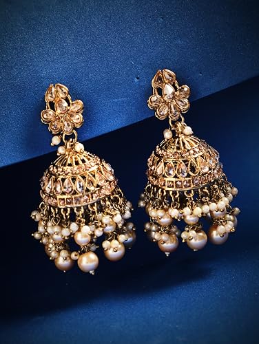 Image of Rubans Jhumka Earrings Kundan and Pearl Traditional Festive Jewellery Gift for Women & Girls