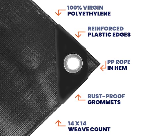 Image of Extra Heavy Duty 14 Mil Tarp Cover, Waterproof, UV Resistant, Rip and Tear Proof, Poly Tarpaulin with Reinforced Edges for Roof, Camping, Patio, Pool, Boat (Black 24′ X 30′)
