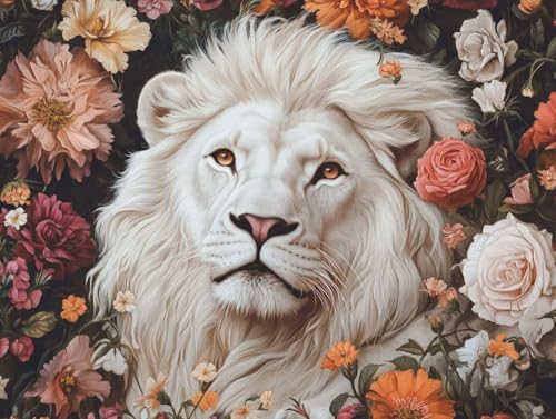 Pintar por Números Adultos León Blanco Flor 50x60cm Kit con Lienzo DIY Pinceles y Pigmentos Acrylic