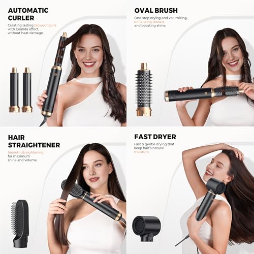 Image of 5 in 1 Blow Dryer Brush Set, Hot Air Styler Negative Ion Air Curling Wrap Air Curler Low Heat Hair Care, Round Brush Blow Dryer Hair Styling Tools Gift for Dry,Volumize,Straight,Curl, 110-120V