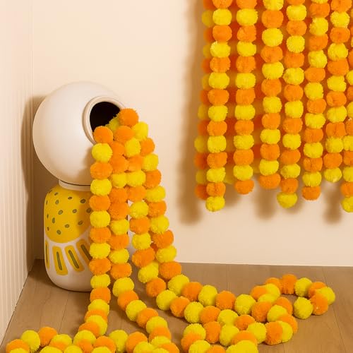 Artificial Marigold Garland Flowers for Decoration – 5 Feet Long (Pack of 5) – Reusable Fluffy Garlands for Diwali, Wedding, Pooja, Home & Festive Decor (Orange & Yellow)
