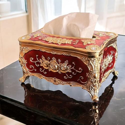 Image of Napkin Holder for Dining Table - Tabletop Napkin Dispenser, Tissue Paper Container for Kitchen, Home, Office, Restaurant (Red-Gold)