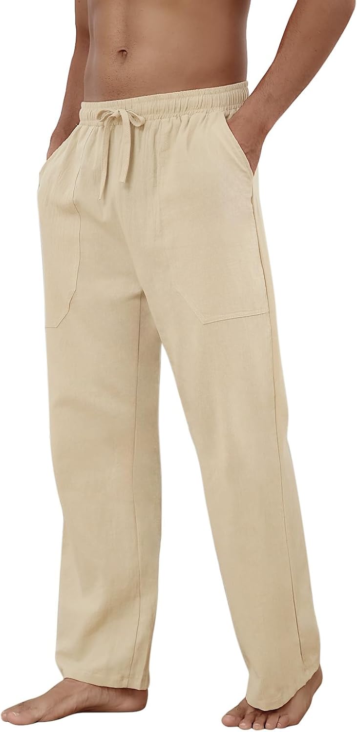 Puimentiua Cotton Linen Pants Men Casual Loose Fit Elastic Drawstring Waist Summer Beach Pants - Image 4