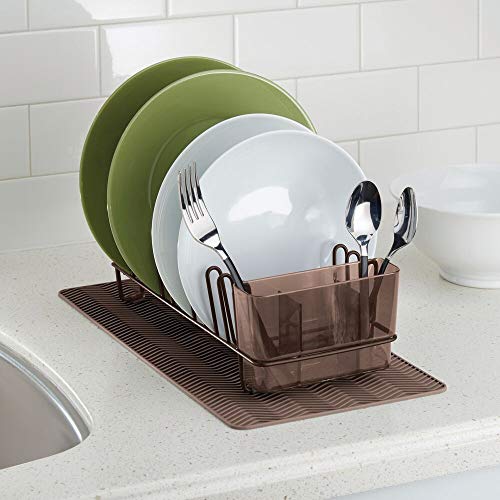 mDesign Compact Kitchen Countertop, Sink Dish Drying Rack and Silicone Drying Mat - Drain and Dry Wine Glasses, Bowls and Dishes - Set of 2 - Wire Drainer in Bronze with Brown Heat-Safe Mat - Thumbnail 5