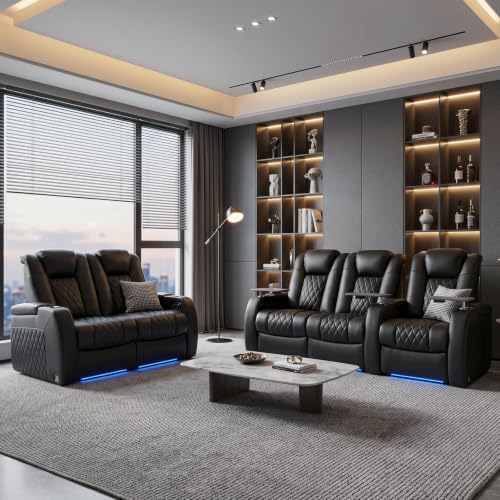 Image of Weilianda 2 Pieces Top Grain Leather Electric Reclining Living Room Set | Zero Gravity Power Recliner Sofa Furniture Set, Includes Loveseat(1) and 3-Seat Sofa(1), Black
