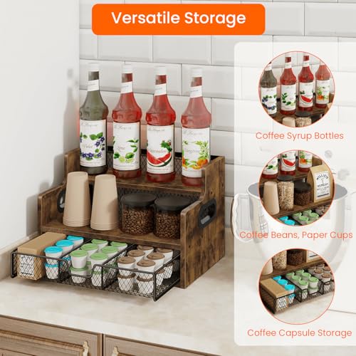 Image of Homode Coffee Syrup Rack Organizer, 3-Tier 8 Bottles Syrup Holder Stand with 35 K Cup Storage Basket Drawer for Coffee Bar, Wood Liquor Shelf Wine Rack Countertop for Home, Rustic Brown