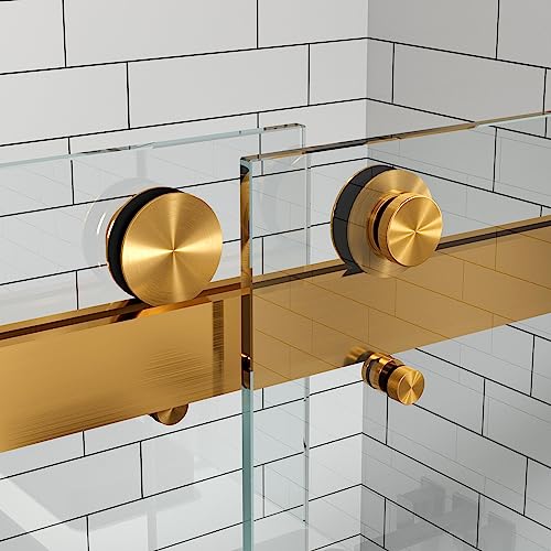 Crissenssi Frameless Shower Door, 68"-72" Wide, 76" High, 3/8" (10Mm) Clear Tempered Glass With Towel Bar, Double Sliding Door, Brushed Gold Finish Ds01 #TOP1