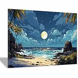 CUDAOO Lienzo Con Paisaje Arte De Pared Mar iluminado por la luna Cuadros Modernos para Salón Oficina Escaleras Sala de Yoga（azul-60x80cm Enmarcado