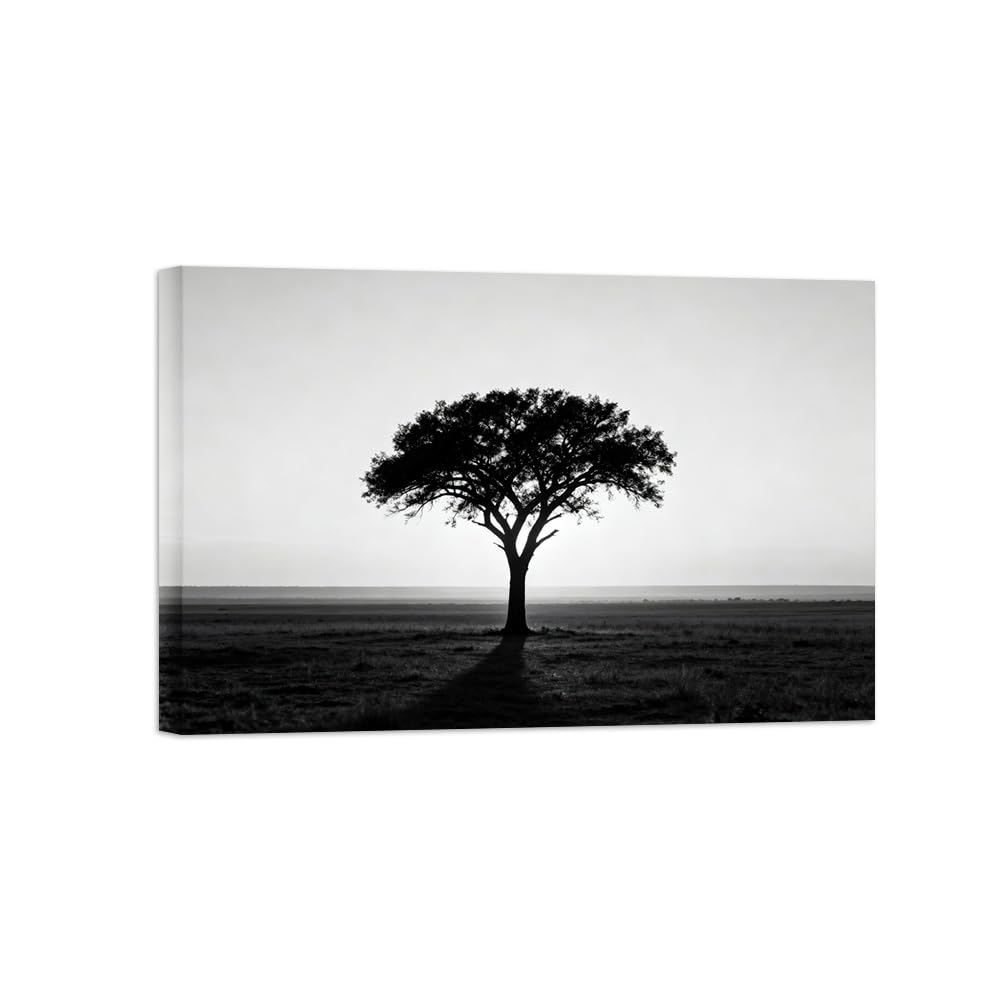 OZPWBVY Black and White Landscape Print Painting-Tree Grassland-Minimalist Canvas Wall Art Picture for Home Ready to Hang 12x18in 30x45cm Wrapped Canvas