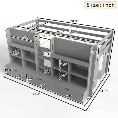 Image of Twin Size Low Loft Bed for Kids with Storage Shelves, Play Curtain & Chalkboard,Space-Saving Design,No Box Spring Needed (Gray-S7)