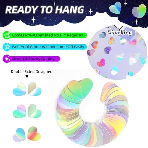 Image of Iridescent Party Decorations Holographic Heart Garlands Disco Theme Birthday Decoration Hanging Wedding Banner Graduation Decor Neon Streamers,Baby Bridal Shower Engagement Valentines Decor