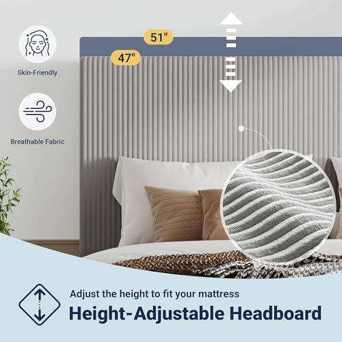 Image of Allewie King Bed Frame, Corduroy Tufted Headboard, Light Grey
