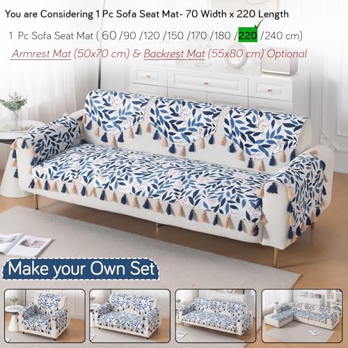 Image of HOKIPO Printed Holland Velvet Sofa Cover with Tassel for 1 /2 /3 Seater & L Shape Sofa | Make Your Own Set, 'Whispers of Nature' Sofa Mat, 70(W) x 220(L) cm, Indigo Foliage (IN-1123-D10)
