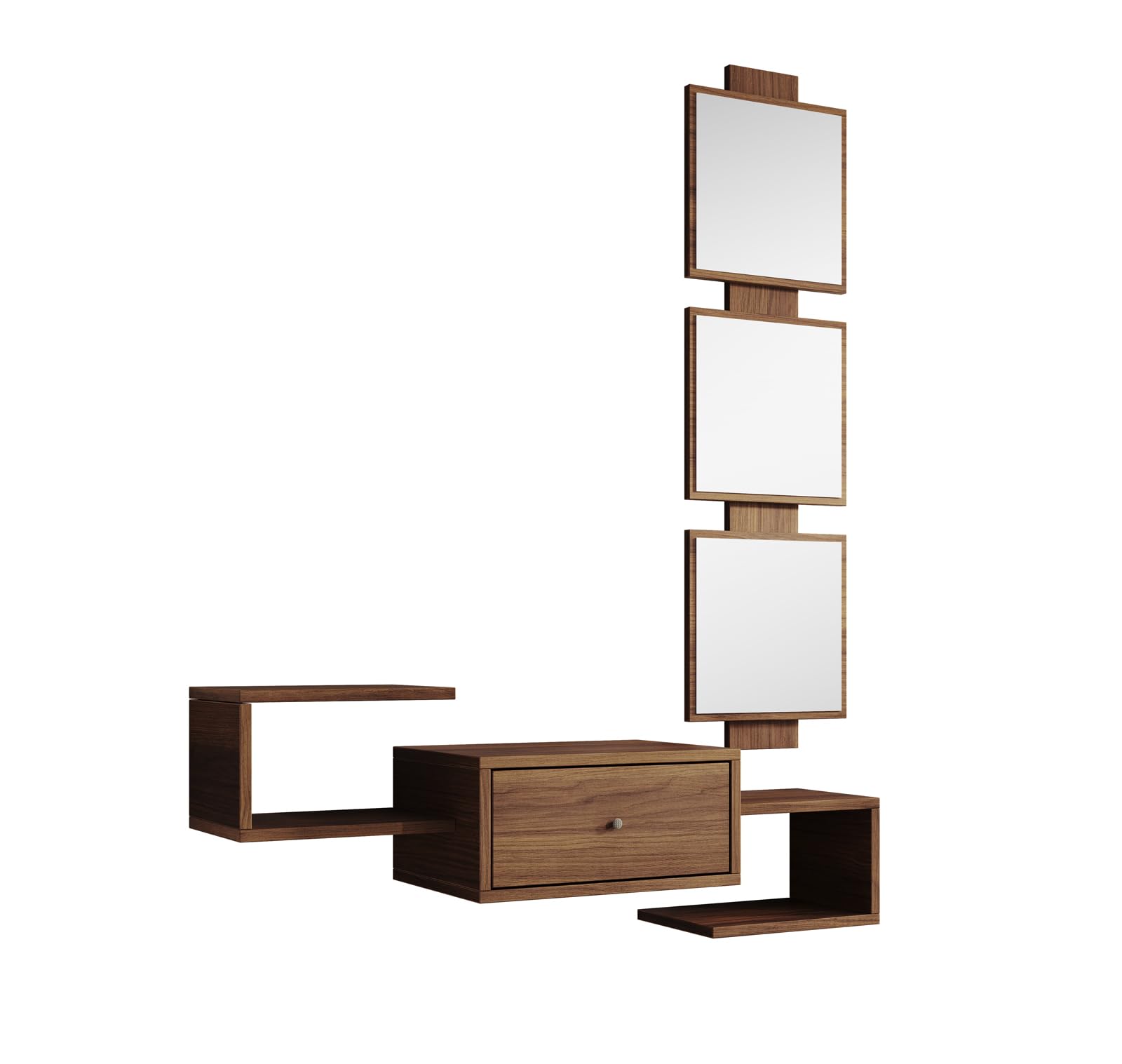 MB Muebles Bonitos | Recibidor Suspendido Neo con Espejo Modular y Cajón | Mueble de Entrada Flotante Moderno | Estante de Pasillo de Diseño | Melamina Mate | 99x145x29 cm | Color Nogal Ambar