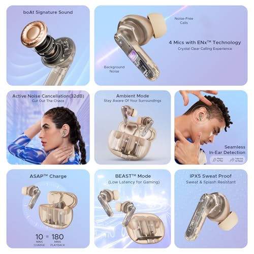 Image of Boat Airdopes 191 ANC, 32dB ANC, Ambient Mode, 60HRS Battery, 4Mics ENx, in-Ear Detection, IWP Tech, Fast Charge, v5.3 Bluetooth Earbuds, TWS Ear Buds Wireless Earphones with mic (Pellucid Orange)