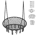  ADITAM Hamac Balançoire Chaise Extérieur Intérieur Suspendu Siège pour Adultes Enfants Jardin Noir Macramé Balançoire Max 150Kg / 330 Lbs Résistant Aux Intempéries avec Accessoires De Montage Double