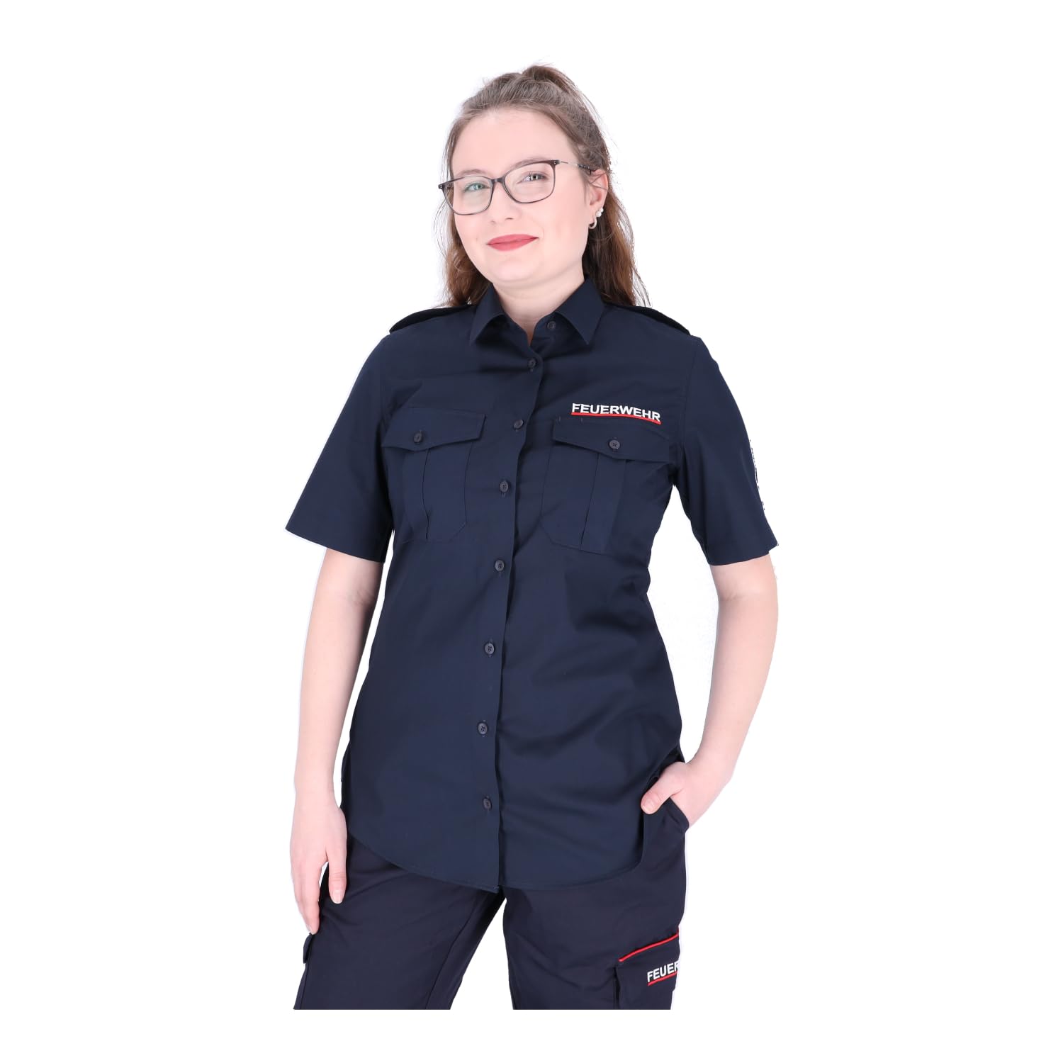 Dienstbluse Kurzarm mit Schulterklappen Navy Einstickung Feuerwehr