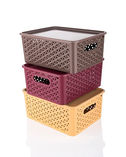 KORAT Plastic 3 Pieces Big Size Multipurpose Solitaire Storage Basket with Lid (Multi)