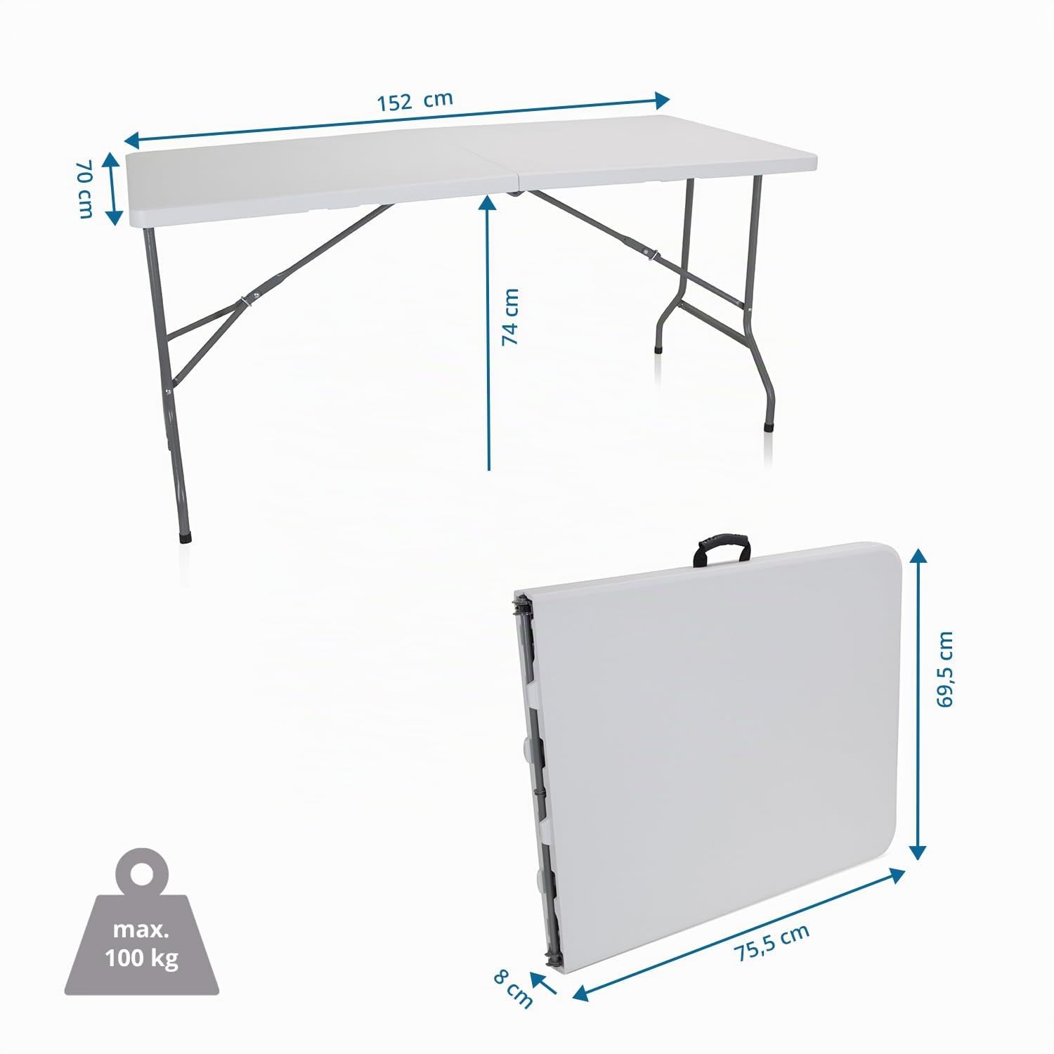 HJH Office Tavolo da campeggio pieghevole 152x70 cm Easy UP Multi II con maniglia di trasporto Tavolo pieghevole per 6 persone Bianco, 830053