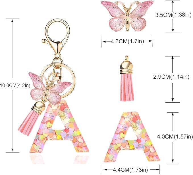Image of GEOCARTER Lightweight Fashion Initial Letter Key Ring with Butterfly Pendant & Tassel, Stylish Purse Charm for Handbags, Car Keys, Gifts for Girls & Women