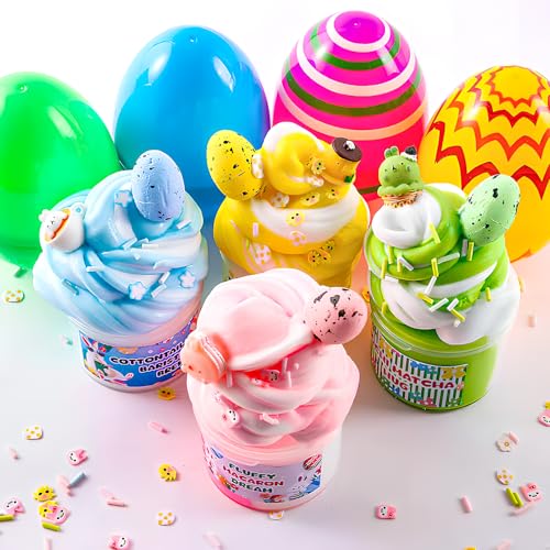 Easter Basket Stuffers for Kids, 4 Pack Prefilled Slime Eggs with Charms & Toys Inside, Easter Basket Essentials for Teens Girls Boys, Non-Toxic & Child Safe Egg Hunt Gifts