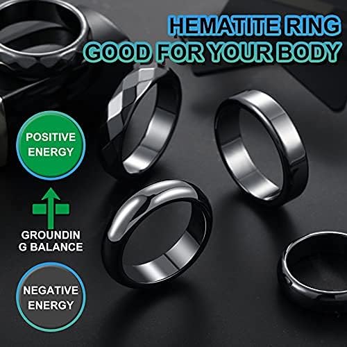 24 Pieces Genuine Hematite Rings Set Negative Energy Ring Non-Magnetic Black Hematite Stone Ring 6t Curved Surface Ring 6 Plane Ring 6t Faceted Ring Size 6-13 or Teen Girl Cute Cool Jewelry