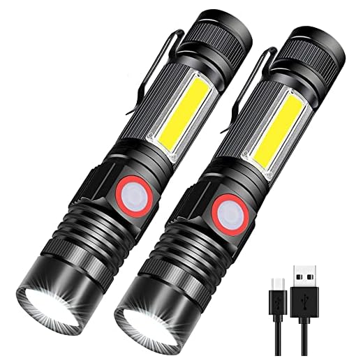Rechargeable Flashlight, Spriak Magnetic Flashlights with Clip (Included Battery), Side Work Light, Bright, Zoomable Pocket EDC Flashlight for Camping, Hiking, Home Power Outage, 2 Pack