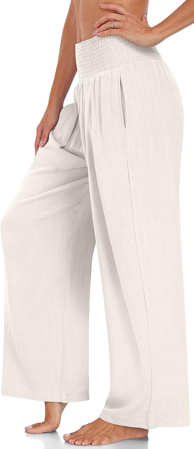 UEU Women's Linen Palazzo Pants Wide Leg High Waisted Lounge Casual Beach Pants with Pockets - Image 2
