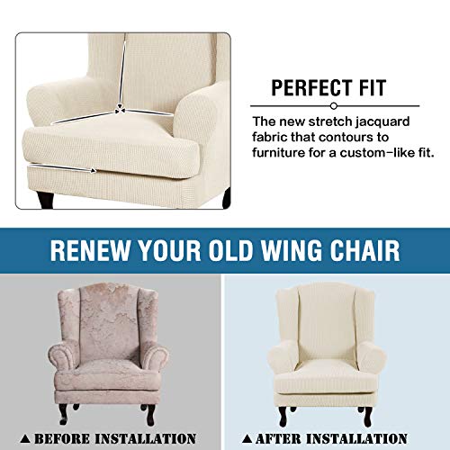 2 Piece Stretch Jacquard Wingback Chair Covers Slipcovers Wing Chair Covers (Base Cover Plus Seat Cushion Cover) Furniture Covers For Wingback Chairs, Form Fitted Thick Soft, Biscotti Beige #TOP3