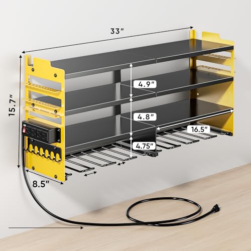 Image of POKIPO Large Power Tool Organizer Wall Mount with Charging Station,4 Layer Heavy Duty Metal Storage Rack Loads 600lbs with 8 Cordless Drill Holder,Battery Utility Rack Gift for Garage workshops Room