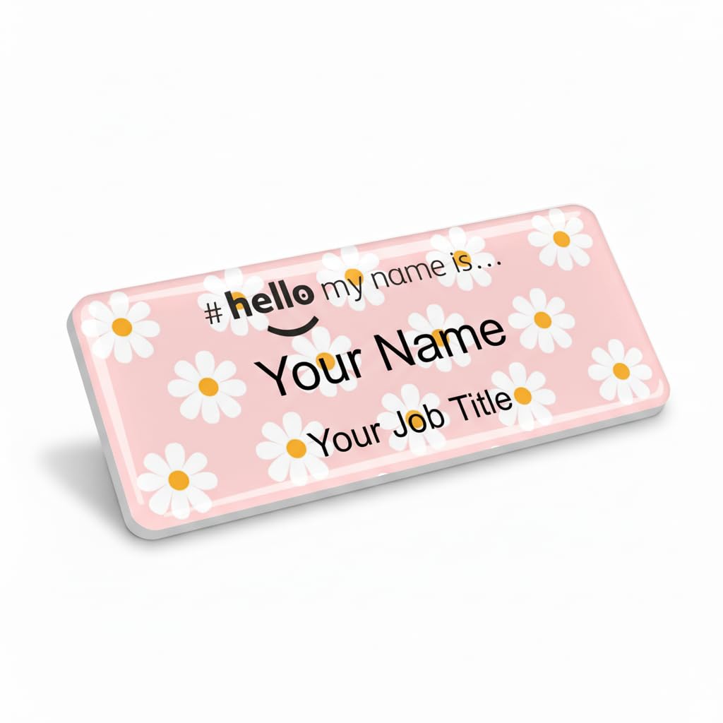 Badgemaster Resin Finish Hello My Name is Pink Daisy Name Badge 76 x 32mm White/White