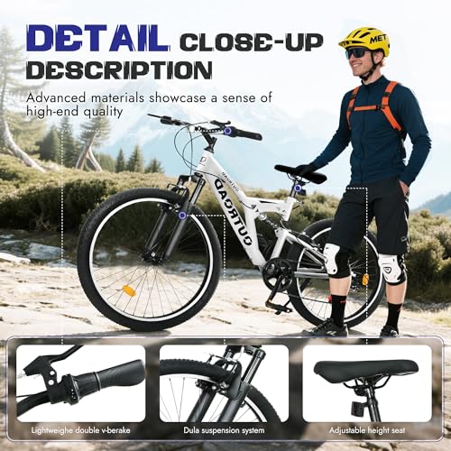 Outroad 26 Inch Mountain Bike, 7-Speed/High-Carbon Steel/Aviation Grade Frame with V Brake, Adjustable Ergonomic Seat Bicycle for Men Women Adult, MTB with Shock Absorption System, White