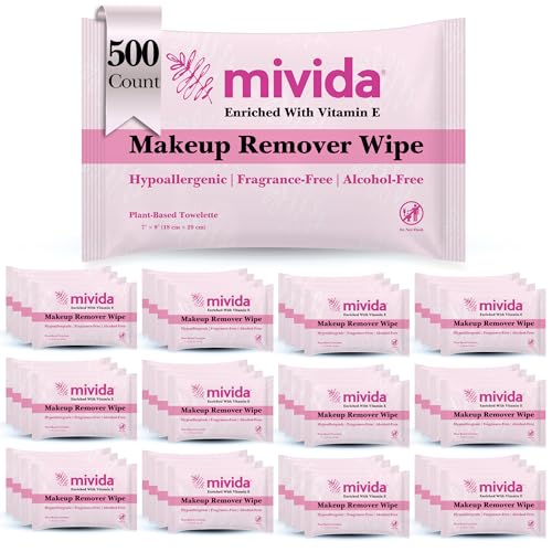 mivida 500 Count Bulk Individually Wrapped Makeup Remover Wipes with Vitamin E | Hypoallergenic, Fragrance-Free, Alcohol-Free makeup wipes | Bulk single make up removing wipes