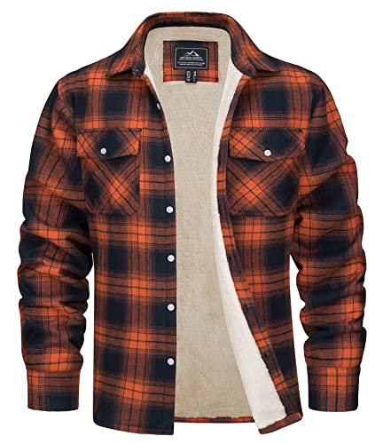 MAGCOMSEN Herren Thermohemd Warme Kariertes Hemd Gefüttert Plaid Jacke Baumwolle Holzfällerhemd Herren Flanell Winterjacke Lässig Outdoor Übergangsjacke mit Multi Taschen Orange M