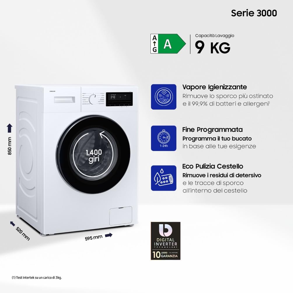 Samsung Lavatrice Serie 3000 WW90FG3M05AWET Libera installazione, 9 Kg, Wifi, Lavaggio Rapido, Vapore Igienizzante, Carica Frontale, 59,5l x 85h x 52p cm