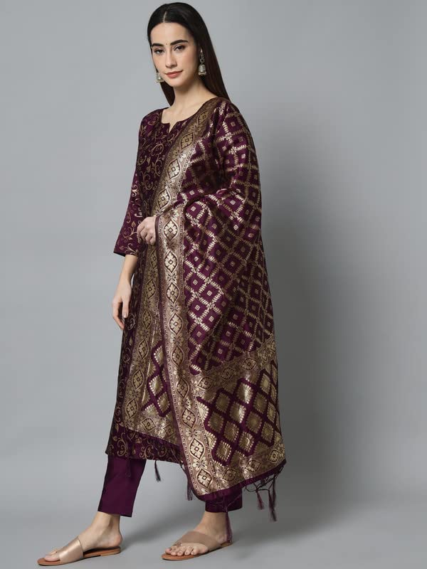 Image of VredeVogel Women's Cotton Silk Jacquard Kurta Pant Set with Banarasi Woven Self Designed Dupatta