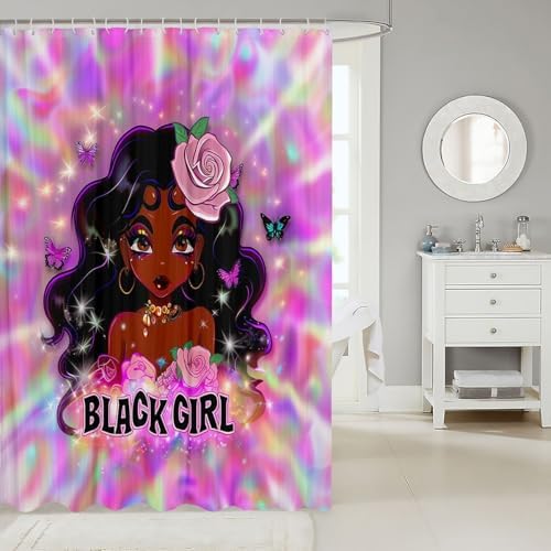 Erosebridal Cartoon Black Girls Shower Curtain Romantic Rose Bath Curtain Kids Teen Colorful Aesthetic Art Bathroom Accessories Cute Butterfly Fabric Shower Curtains 72" Wx72 L image 5