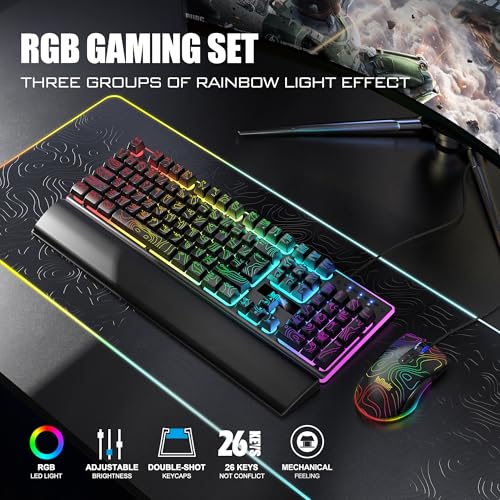 Image of RedThunder K10 Wired Gaming Keyboard & Mouse Combo with Wrist Rest, Adjustable RGB Mechanical Feel Anti-ghosting Keyboard + 7D 7200 DPI Mouse+Soft Leather Wrist Rest for PC Gamers (Black Lines)