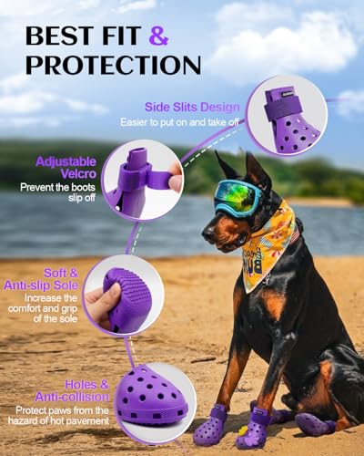 Dog-Shoes-for-Hot-Pavement-Dog-Shoe-for-Small-Medium-Large-Dogs-Dog-Boots-Paw-Protectors-Easy-ON-Off-Non-Slip-Waterproof-Easy-Clean-Dog-Booties-for-Beach-and-Snow-Purple-L Dog Shoes for Hot Pavement Dog Shoe for Small Medium Large Dogs Dog Boots Paw Protectors Easy ON Off Non Slip Waterproof Easy Clean Dog Booties for Beach and Snow Purple L